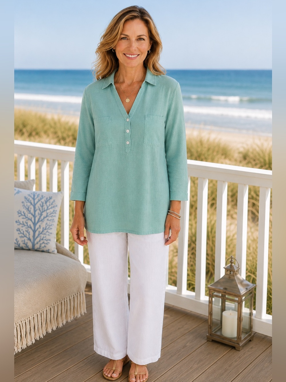 Chico’s 100% Linen Seafoam Tunic Top Size 3  - XL Coastal Quiet Luxury Resort